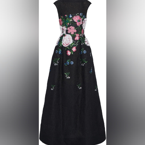 ◇$7990 OSCAR DE LA RENTA FIL COUP'E FLORAL EMBROID BLACK RUNWAY GOWN US 6 M